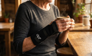 Woman is wearing a DPL Wrist Wrap on her right arm while holding a mug with warm tea in a cozy setting.