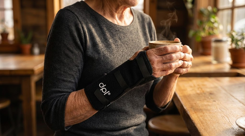 Woman is wearing a DPL Wrist Wrap on her right arm while holding a mug with warm tea in a cozy setting.