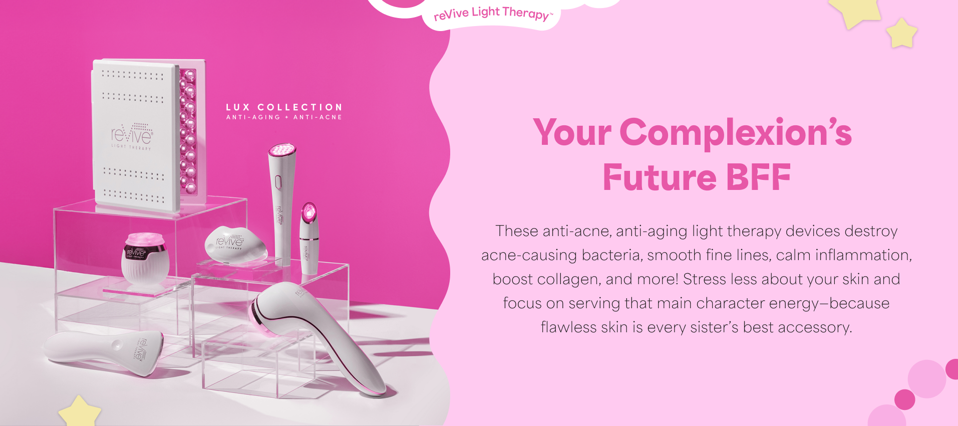 Lux Collection light therapy devices displayed on acrylic blocks with a hot pink background; the text on the side reads 