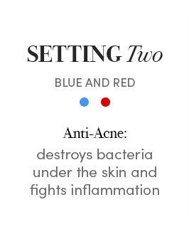 Setting Two uses Blue and Red light therapy for Anti-Acne which destroys bacteria under the skin and fights inflammation