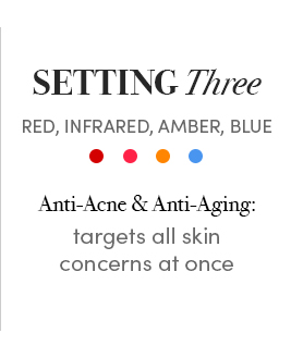 Setting Three uses Red Infrared Amber and Blue light therapy for Anti-Acne and Anti-Aging to target all skin concerns at once