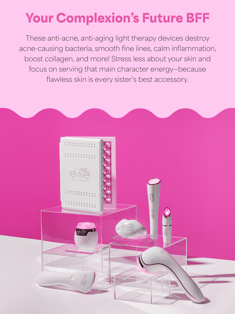 Lux Collection light therapy devices displayed on acrylic blocks with a hot pink background; the text on the side reads 