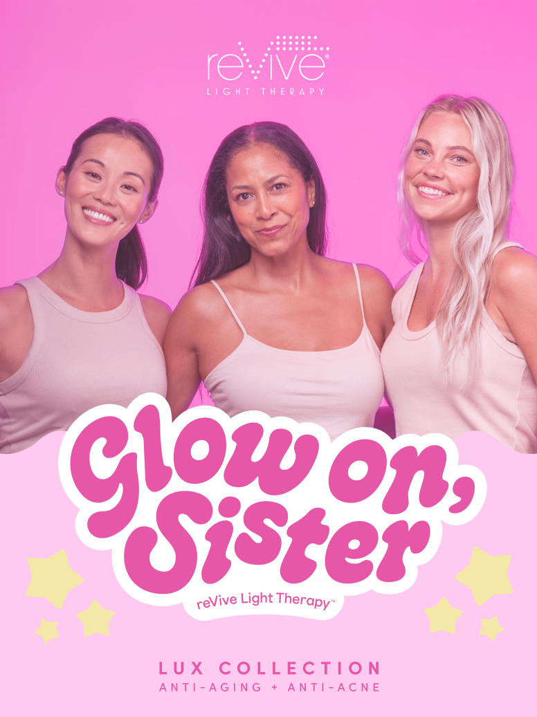 Three women on a hot pink background with a graphic showing 'Glow on, Sister' in groovy text superimposed