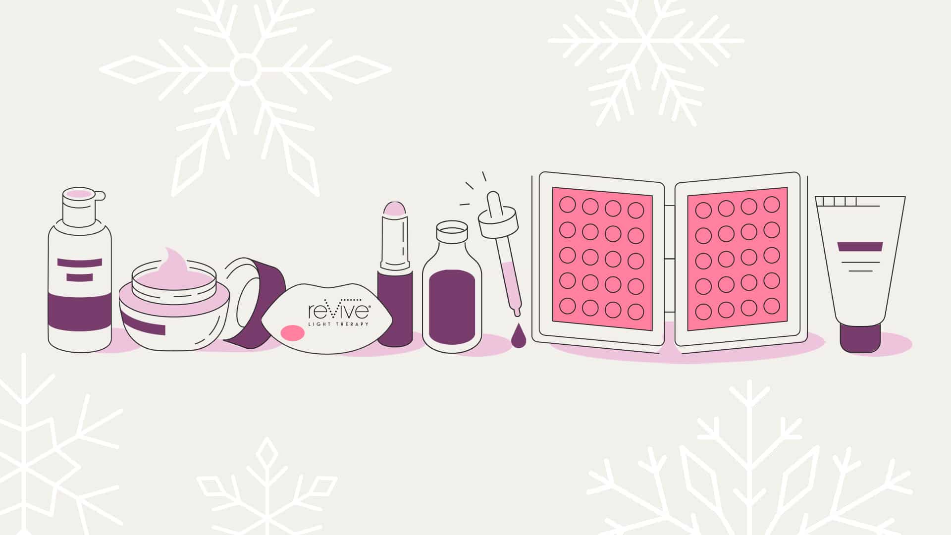Minimalist illustration of winter skincare products, including red light therapy devices, serums, lip balm, and moisturizers.